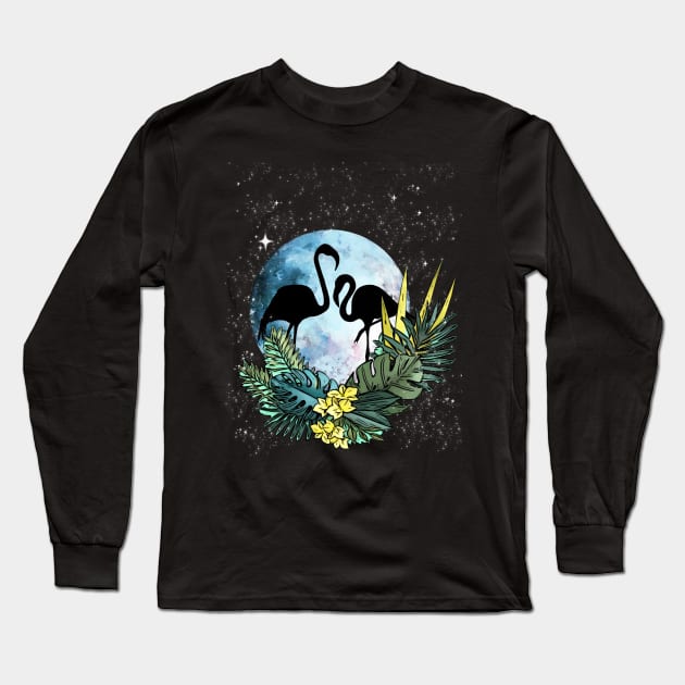 Flamingo shades blue moon and flowers Long Sleeve T-Shirt by Collagedream